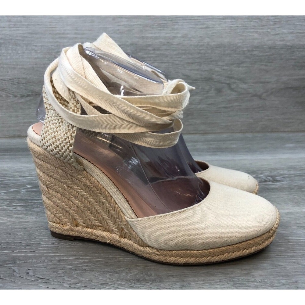 J Crew Women's Sandal‎ Cream Canvas 9.5 Boho Wedge Espadrille Slingback Shoes